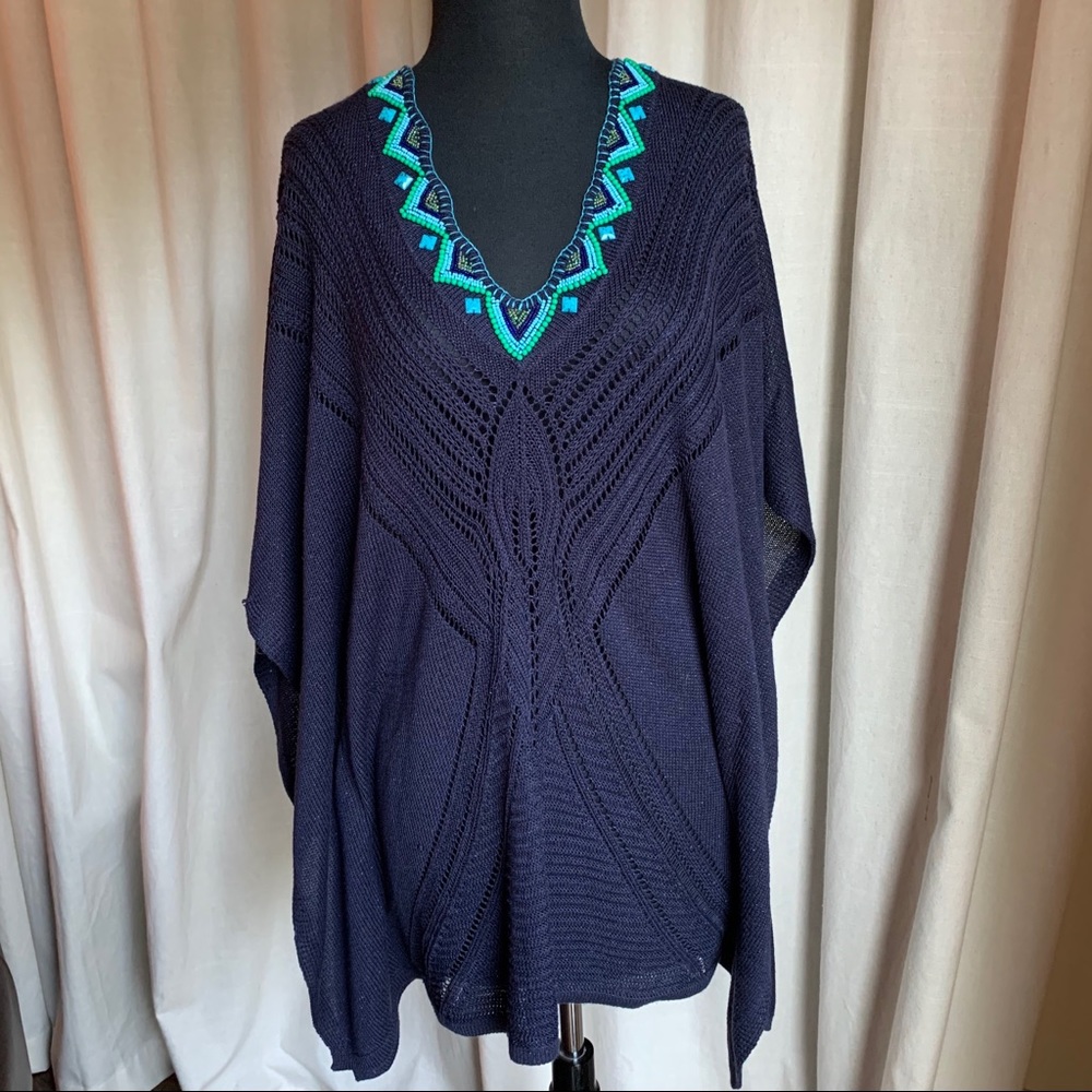 Navy blue poncho sweater beading on neckline